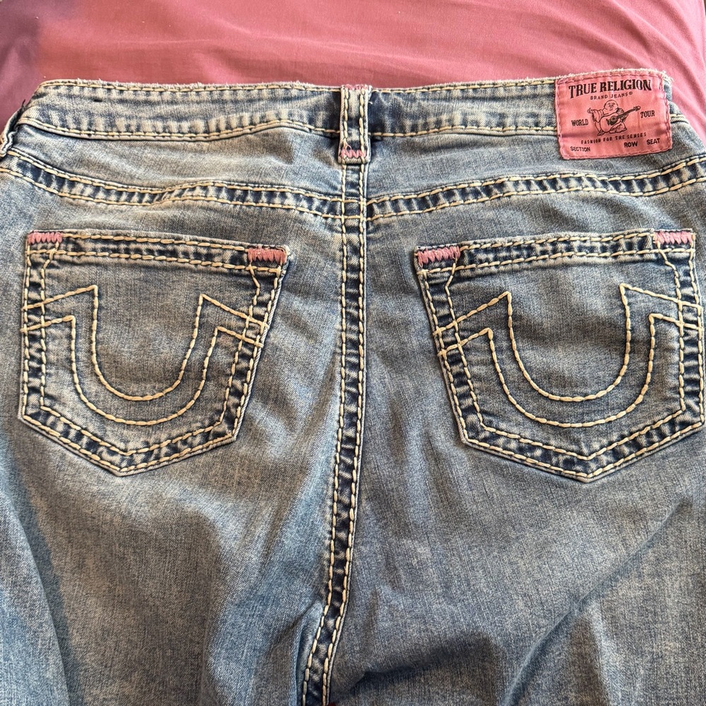 True Religion Skinny Jeans in Light Blue Denim with Pink Trim
